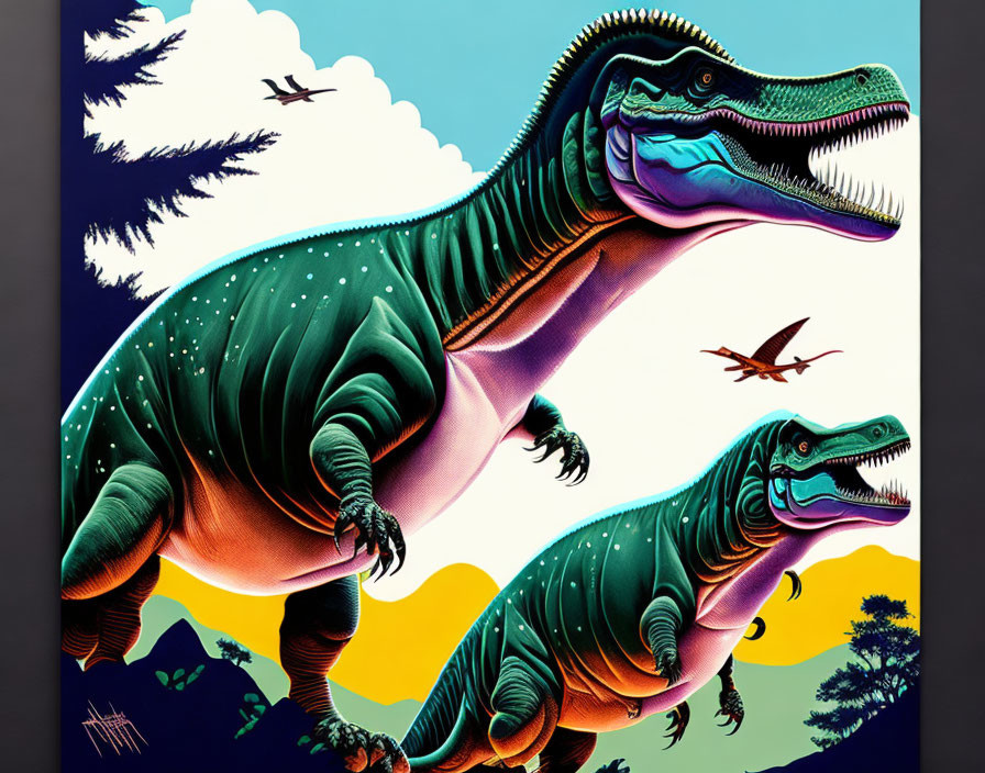 Vibrant blue and green bipedal dinosaurs in prehistoric scene