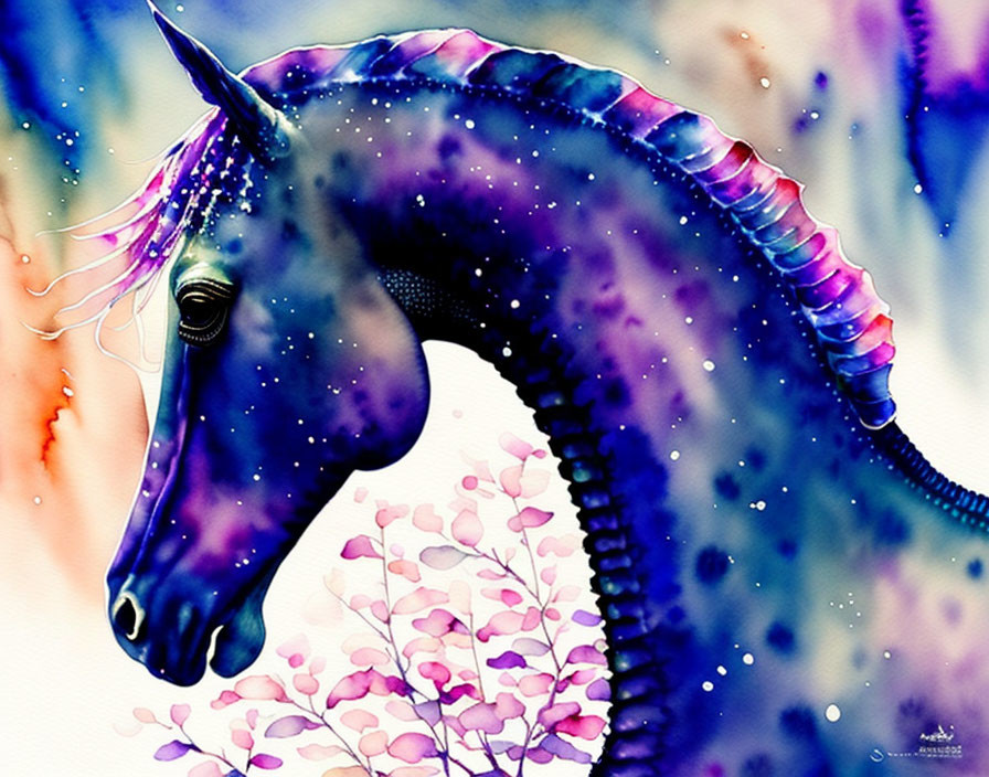 Colorful Watercolor Illustration of Mythical Horse with Horn and Floral Accents