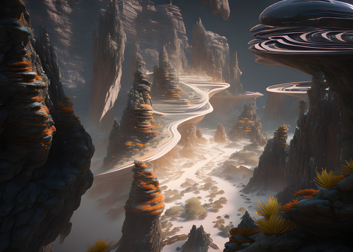 Mystical canyon with towering cliffs and futuristic vehicle