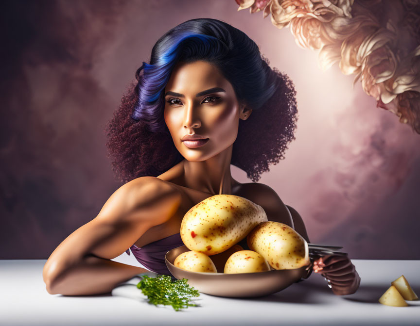 Stylish woman with blue hair posing with fresh potatoes on table