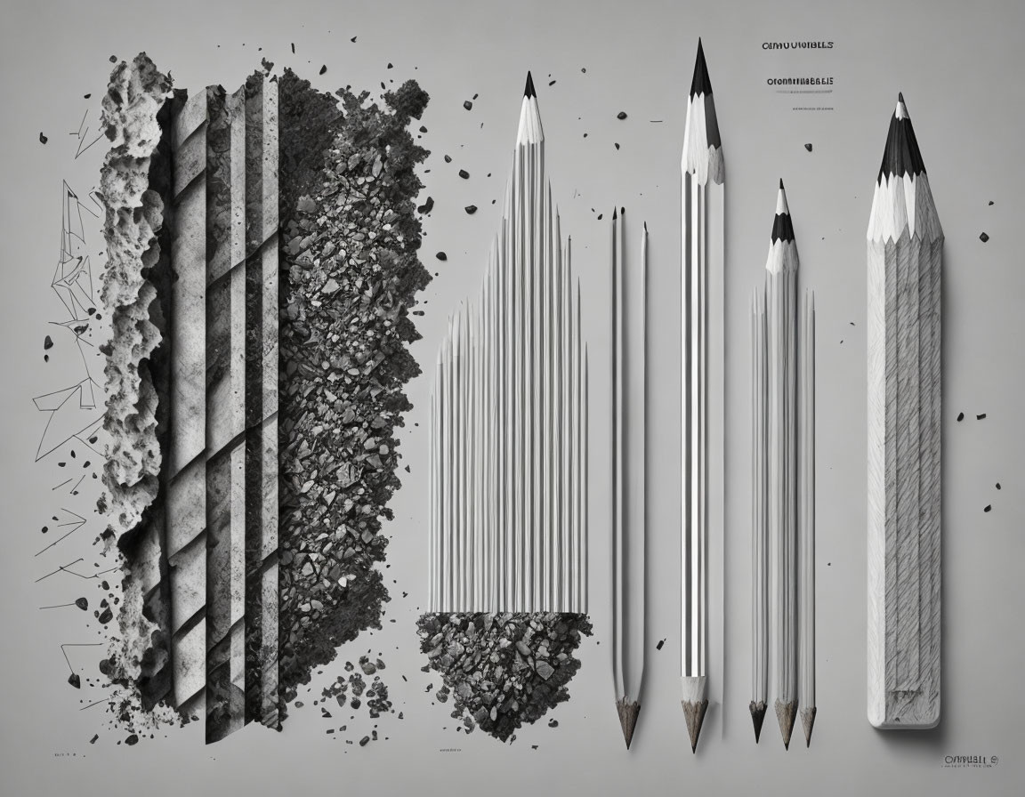 Monochrome photo: pencil sketches morph into real pencils
