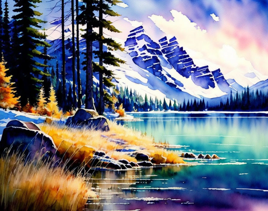 Vibrant watercolor painting of serene autumn lake scene