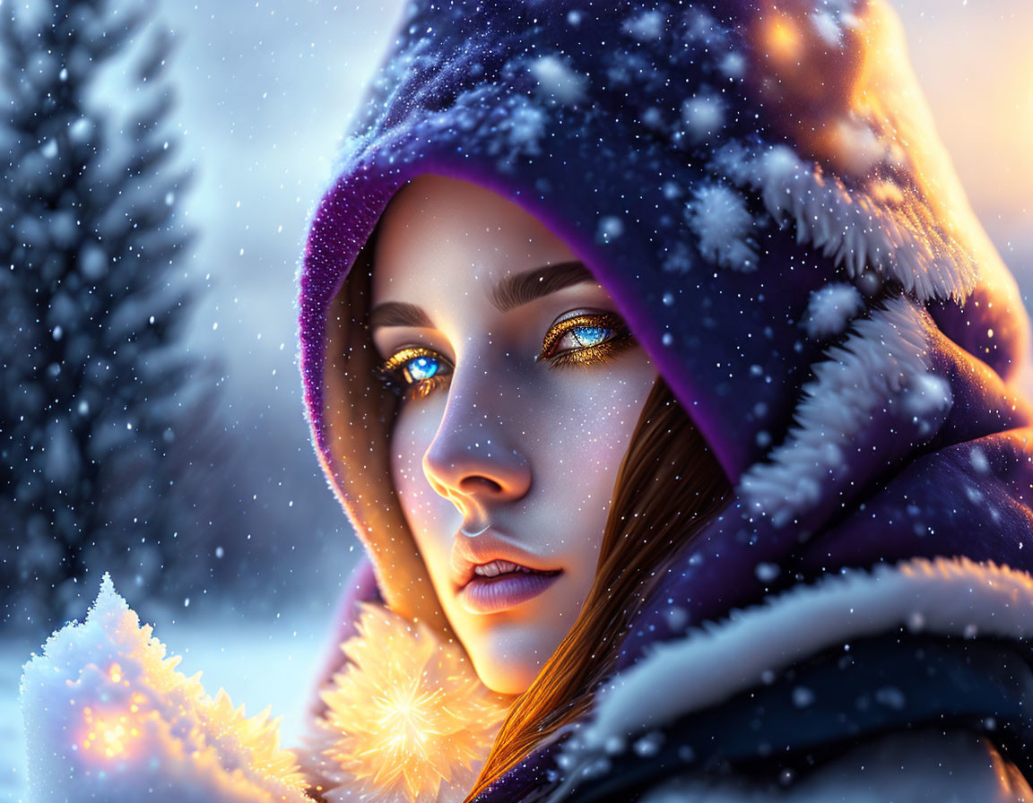 Person with Amber Eyes in Snowflake-Covered Purple Cloak Amid Snowfall