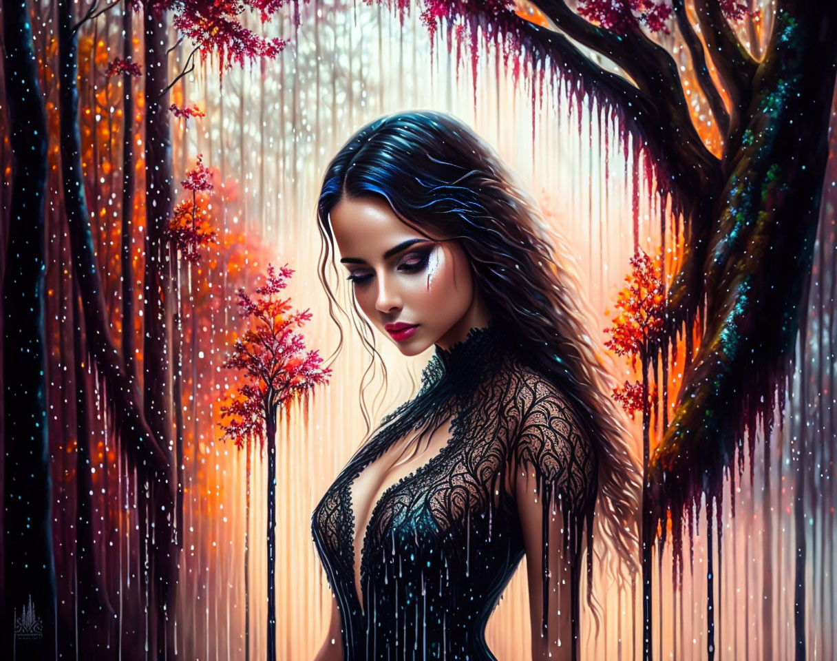 Digital artwork: Woman in black dress in mystical forest with vibrant, illuminated trees.