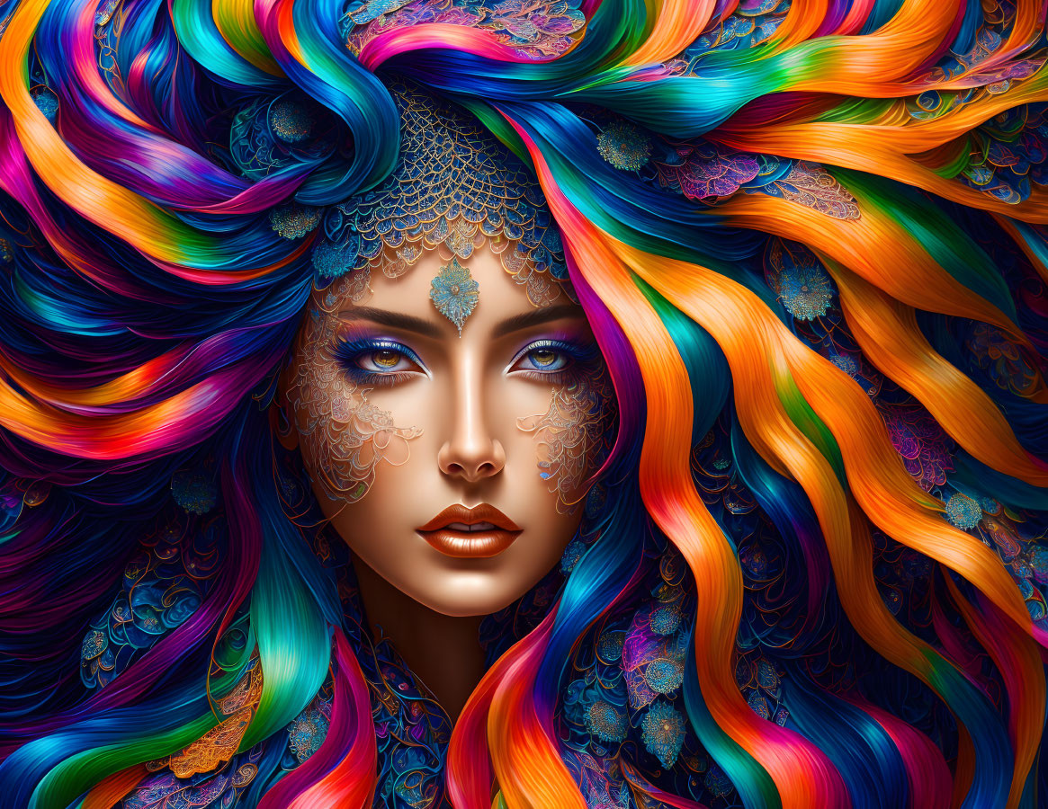 Colorful digital artwork featuring woman with flowing hair and intricate patterns