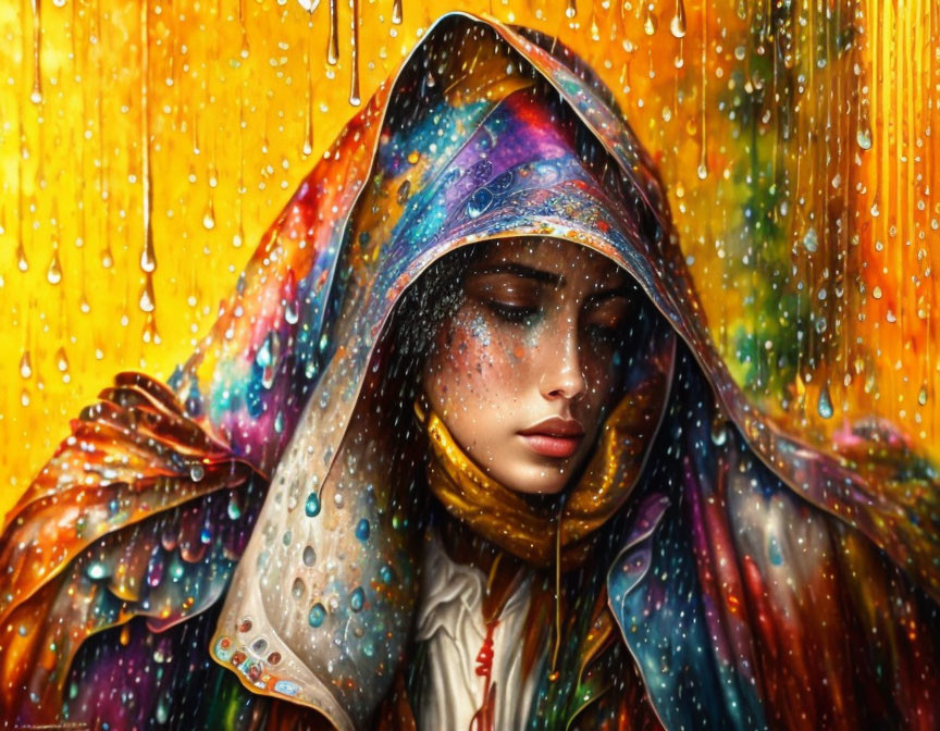 Colorful Galaxy-Patterned Cloaked Person Contemplating Behind Rain-Streaked Glass