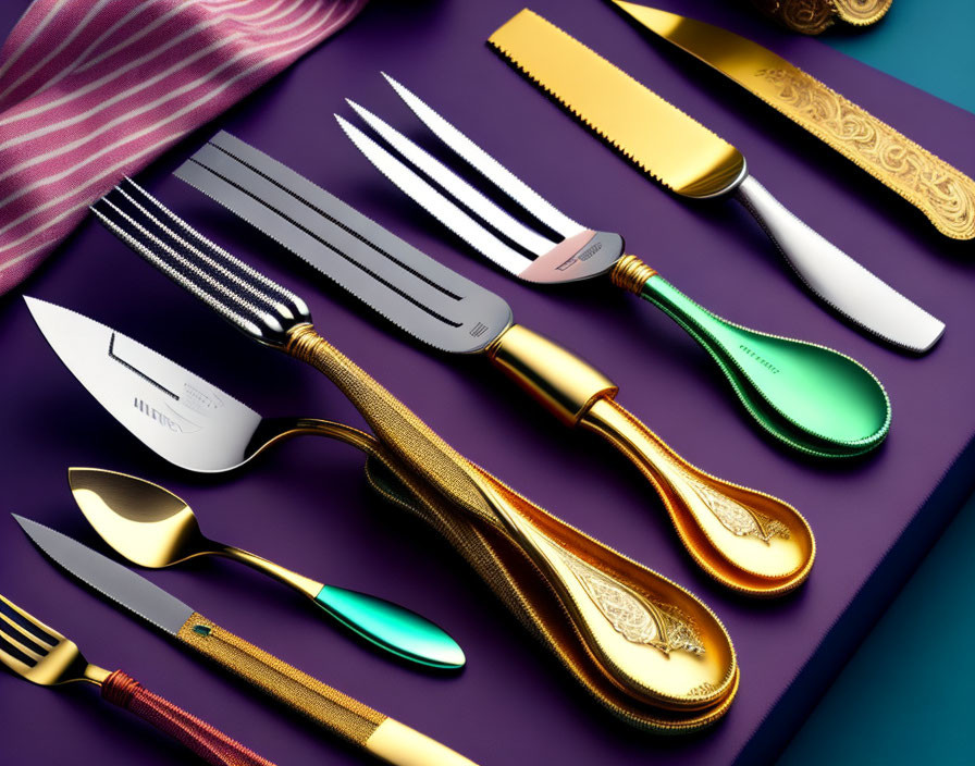 Colorful Elegant Flatware Collection on Purple Surface