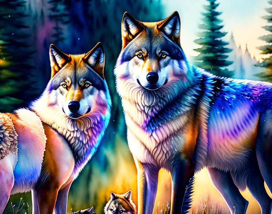 Vividly colored wolves in mystical forest setting