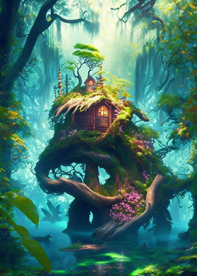Enchanting treehouse in magical forest with lush greenery