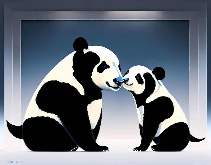 Stylized cartoon pandas touching noses in dimly lit setting
