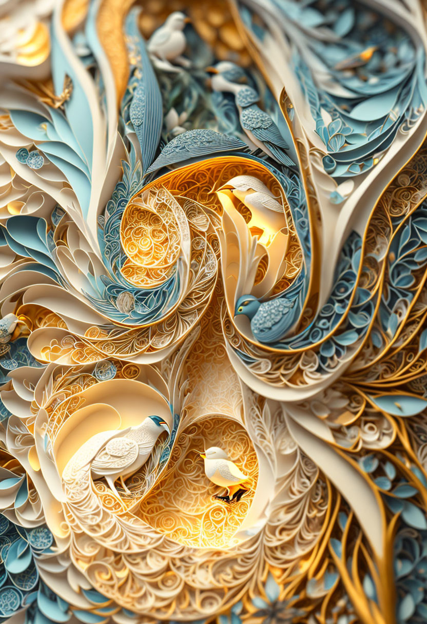 Intricate Fractal Art: Gold, Blue, Cream Patterns with Birds and Florals