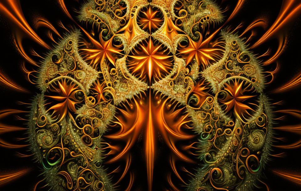 Symmetrical golden fractal art on dark background - intricate lace and celestial motifs