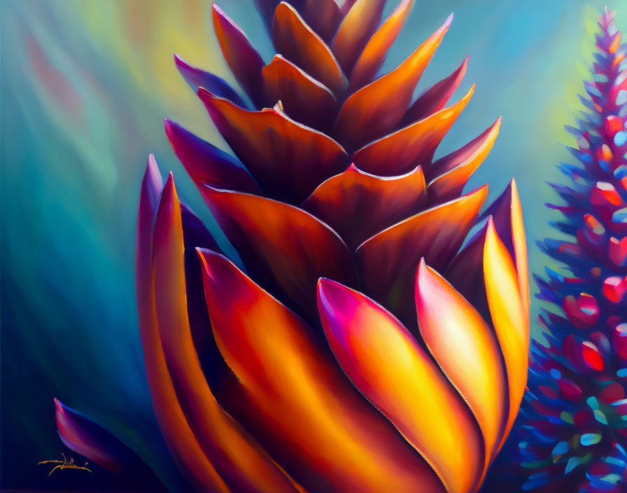 Colorful close-up painting of a tropical plant on a vibrant background