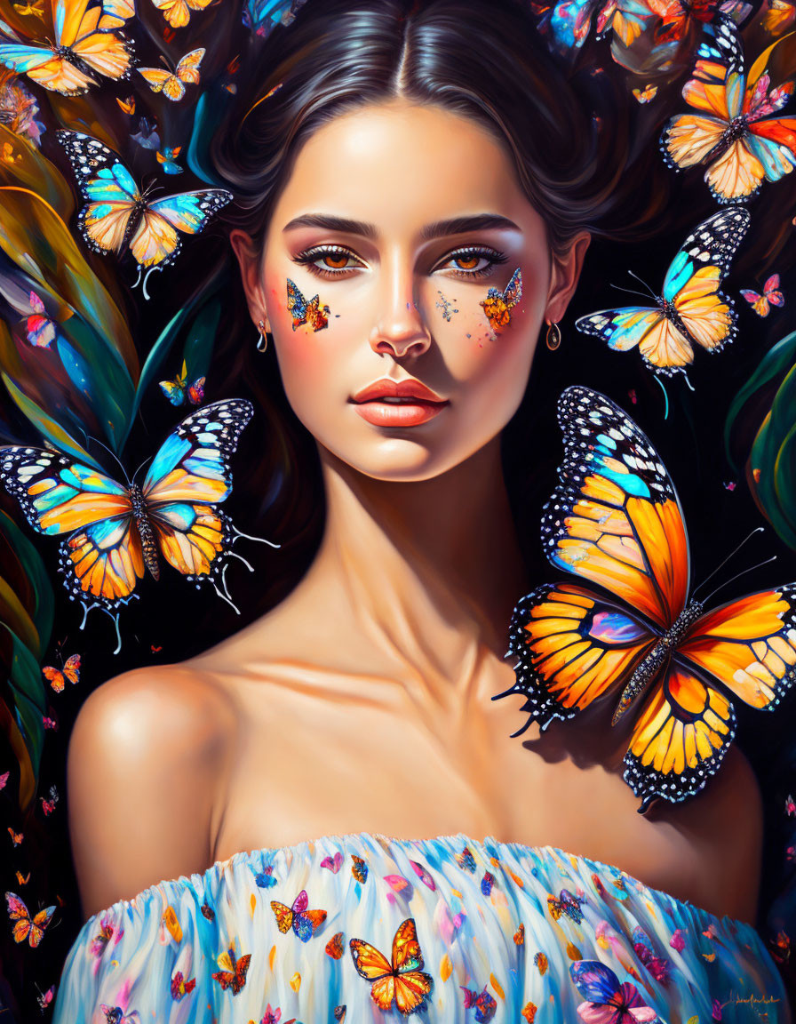 Dark-haired woman adorned with colorful butterflies on dark backdrop