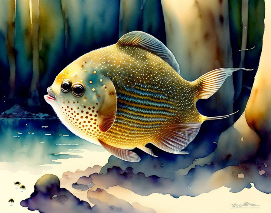 Whimsical round-bodied fish with large eyes and fan-like fins swimming near sea plants in watercolor