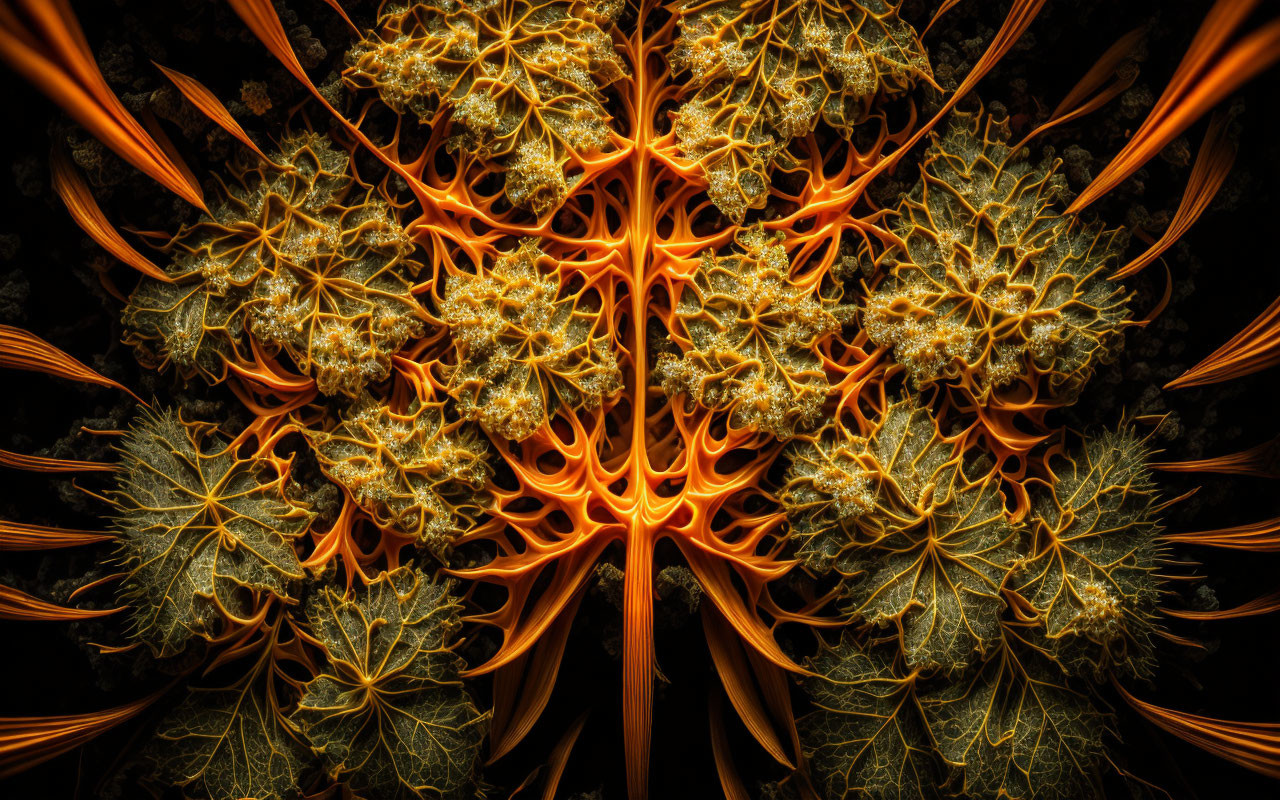 Symmetrical glowing orange fractal pattern on dark background