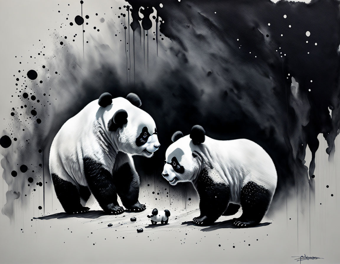 Monochrome artwork featuring two pandas in different poses with stylized black and white splash background