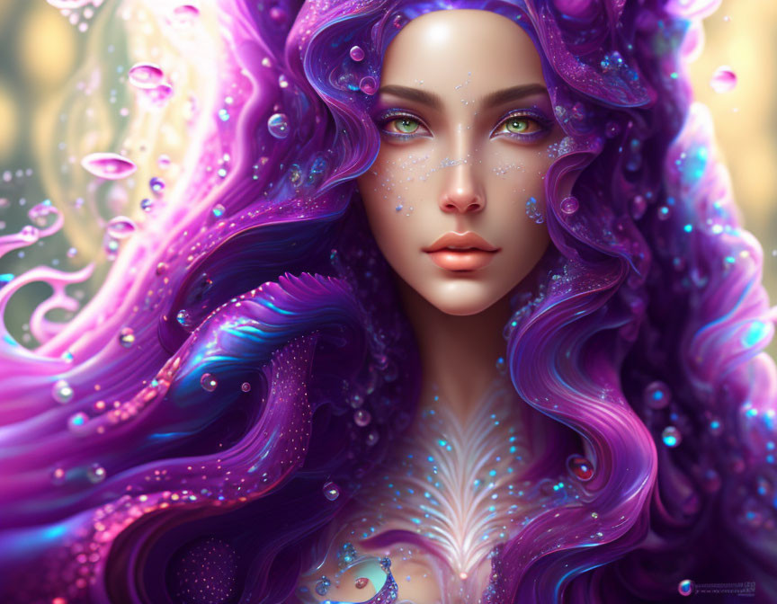 Digital portrait of woman with flowing purple hair and green eyes against golden backdrop.
