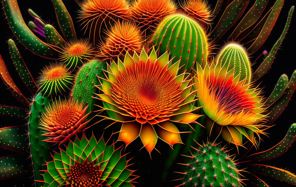 Colorful Neon Cacti Artwork on Black Background