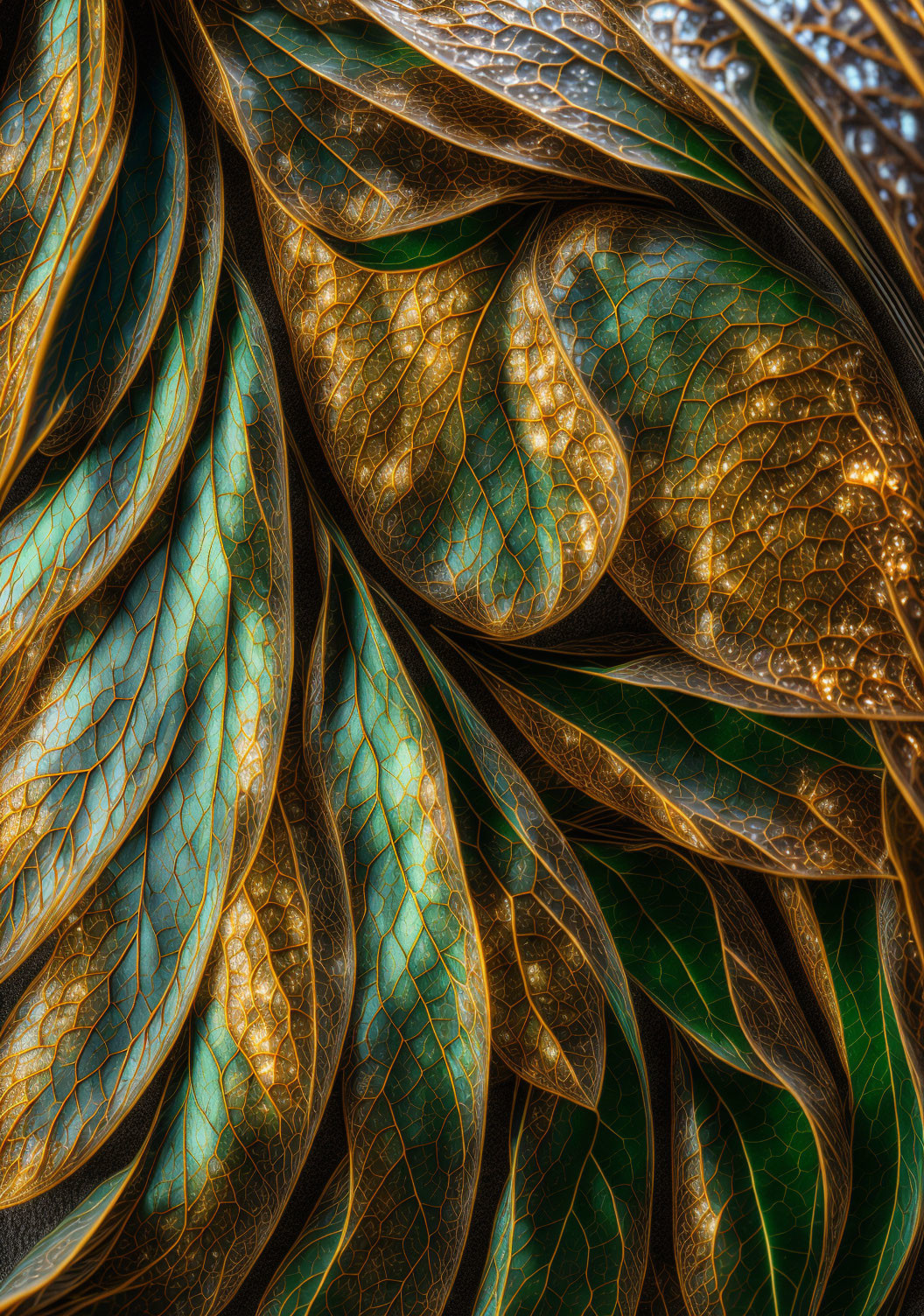 Detailed Close-Up of Overlapping Leaf Veins in Green and Gold Textures