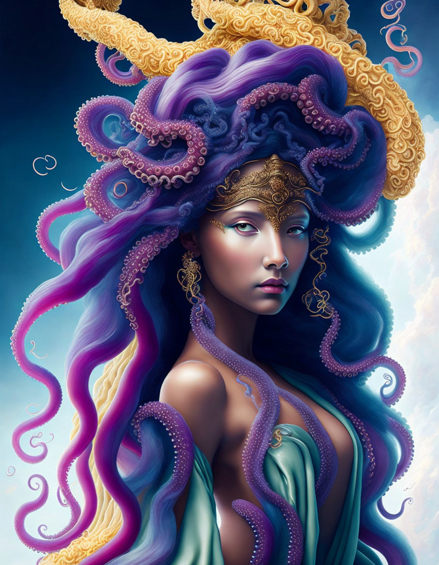 Colorful digital artwork: Woman with octopus features and golden crown on blue backdrop