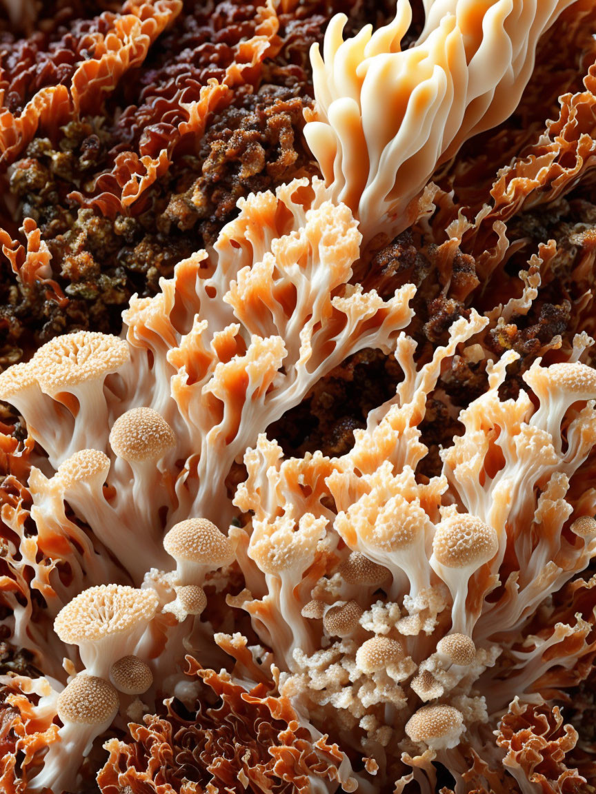 Detailed Close-Up of Orange and Beige Coral-Like Fungi