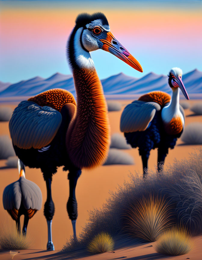 Vibrant bird artwork in desert landscape