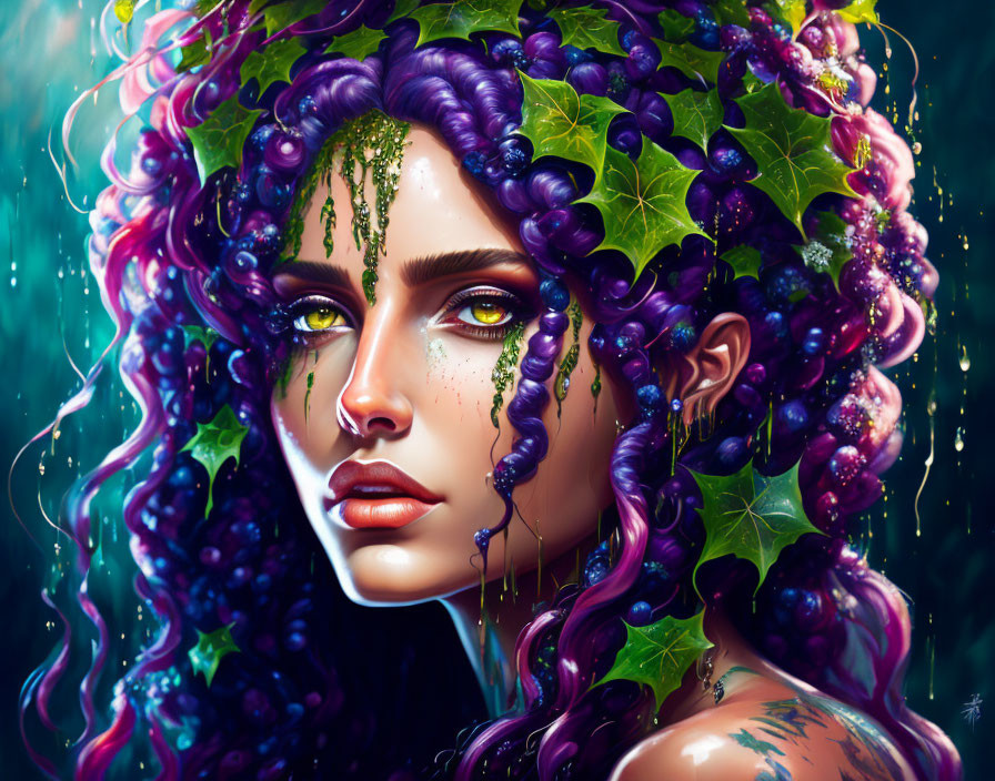 Woman with Purple Hair, Grapevines, Berries, Green Eyes, Nature Makeup