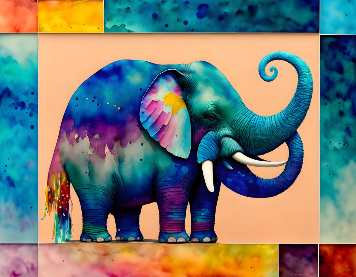 Colorful Digital Art: Blue Elephant with Multicolored Splashes