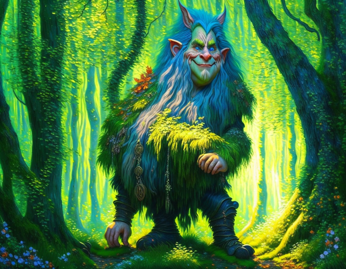 Blue-skinned troll-like creature in enchanted forest with green hair.