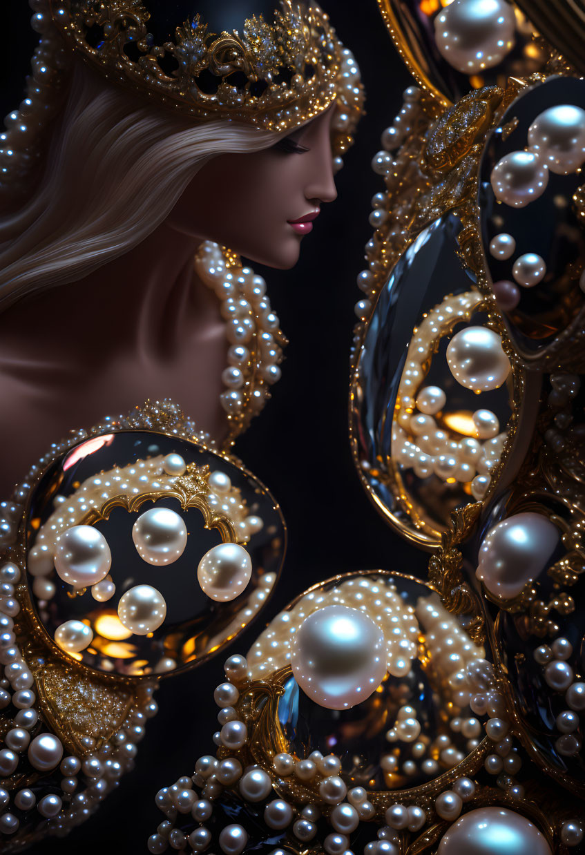 Regal woman with golden crown and pearl accessories admiring reflection in mirror