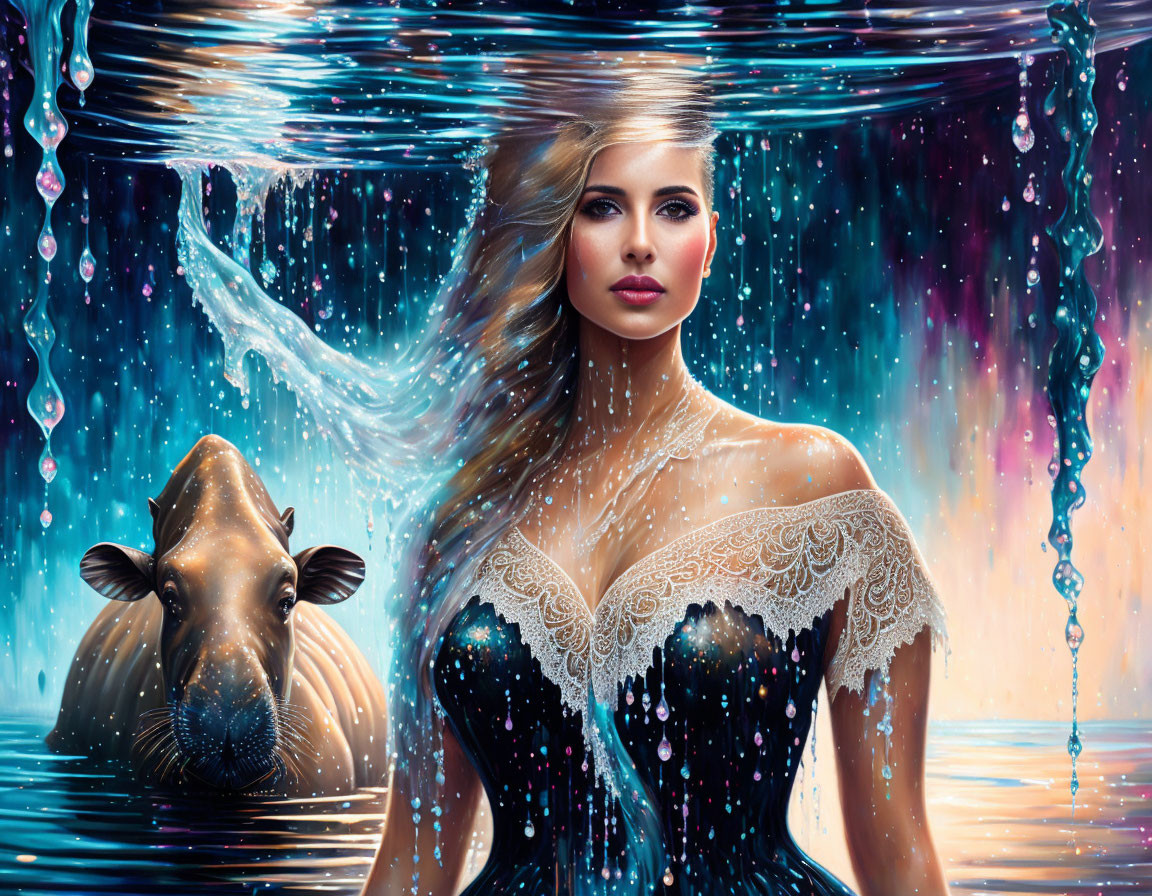 Illustrated Woman in Bead-Embellished Gown with Surreal Water Background and Hippopot