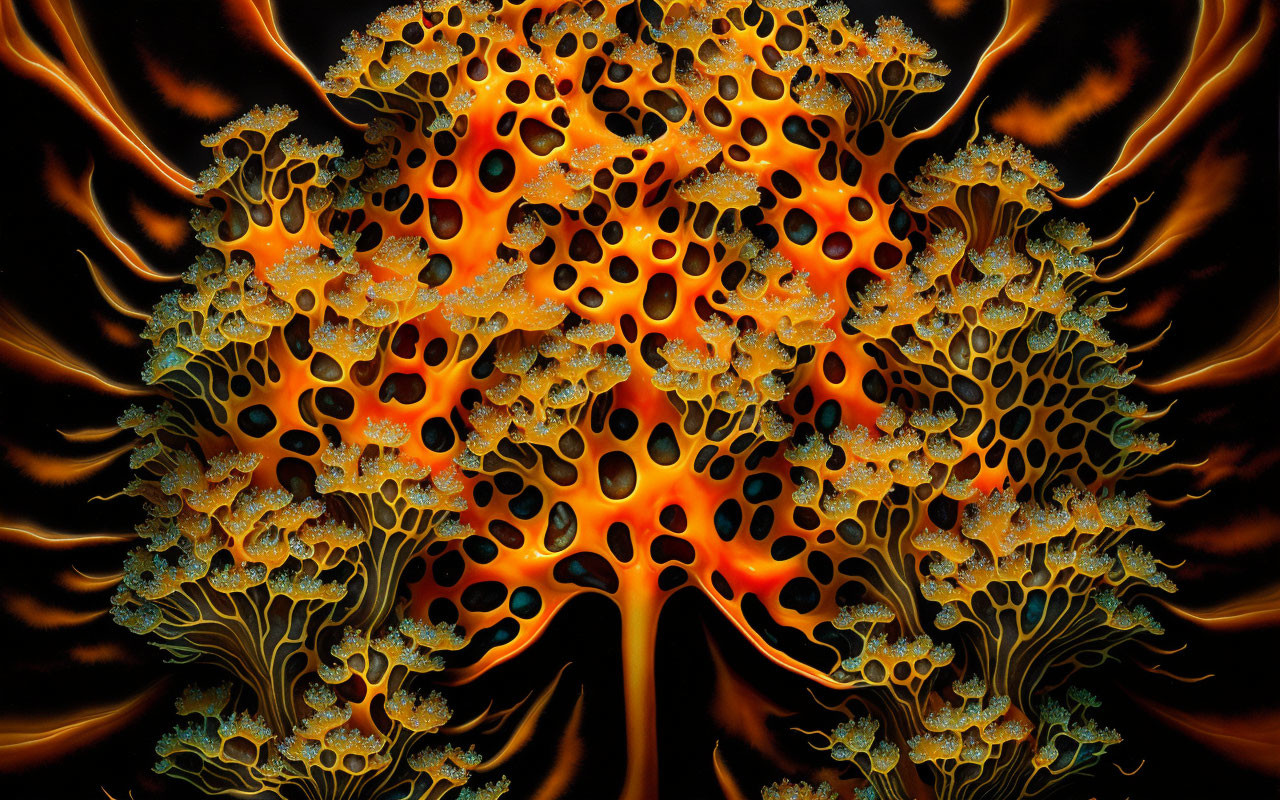 Intricate Coral-Like Fractal with Fiery Orange and Black Patterns