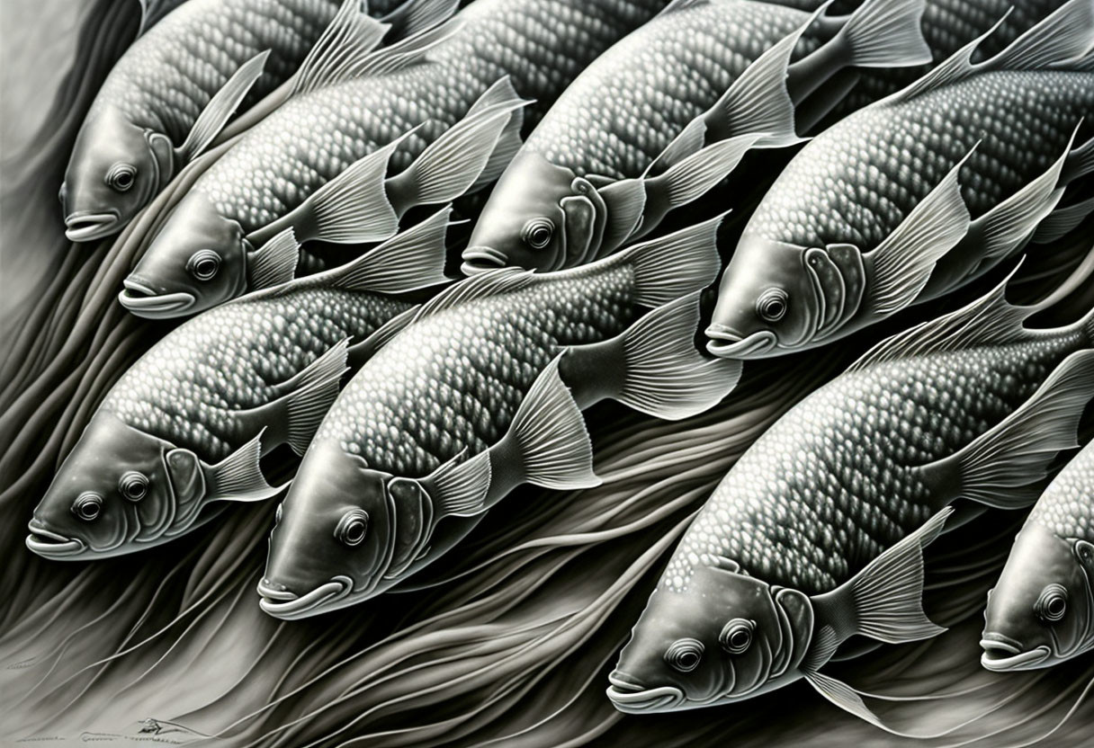 Monochromatic school of fish swimming in flowing water or seaweed landscape