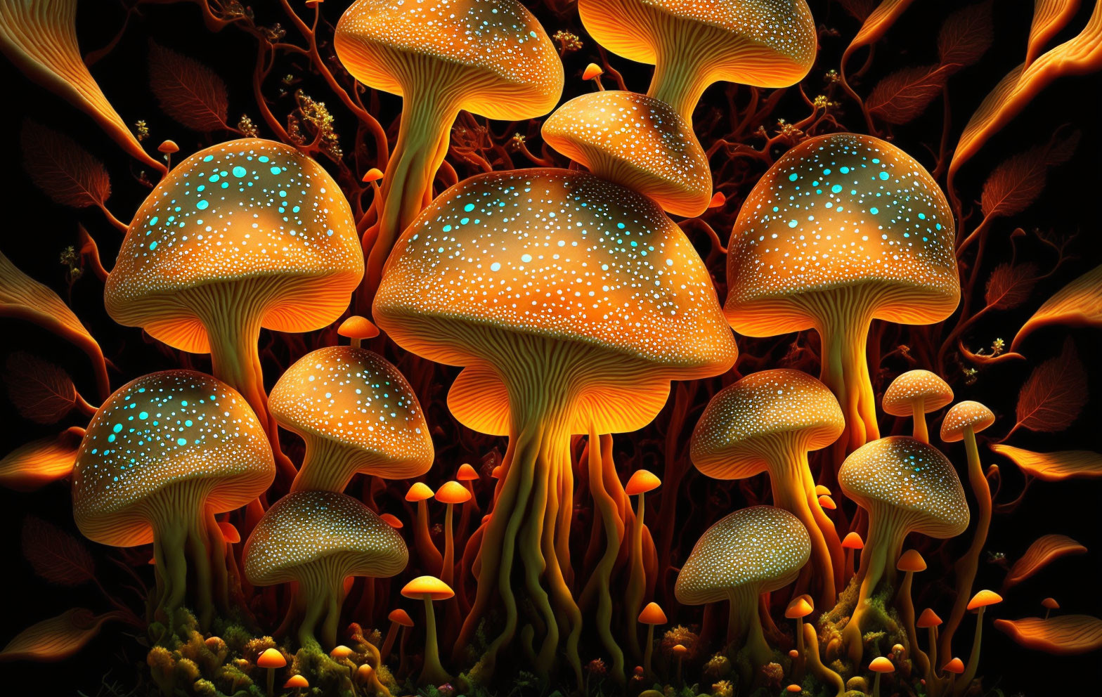 Colorful digital artwork featuring luminescent dotted mushrooms on dark background