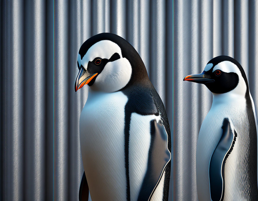 Realistic 3D-rendered penguins on blue background