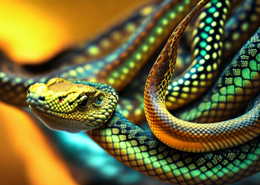 Vibrant yellow and green digitally-rendered snake on orange background