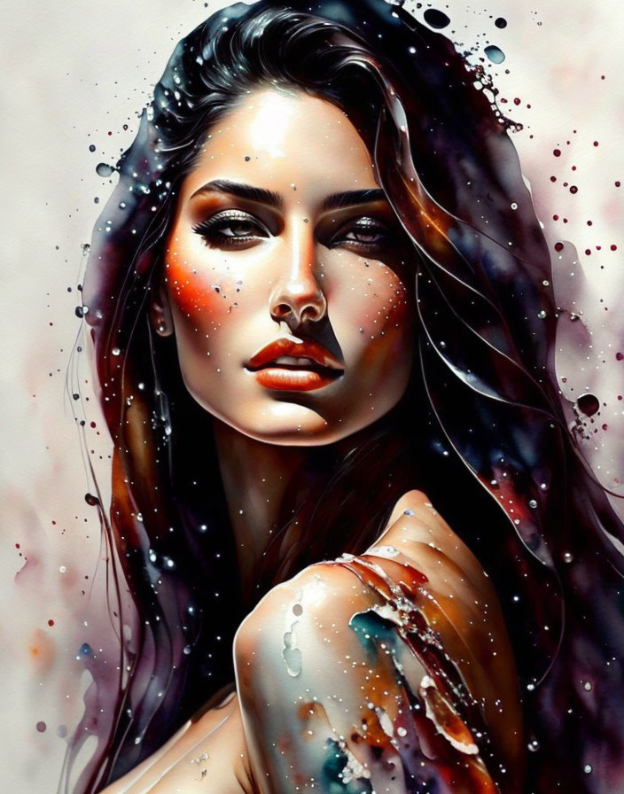 Colorful portrait of a woman with dark hair and intense gaze, featuring artistic paint splashes.