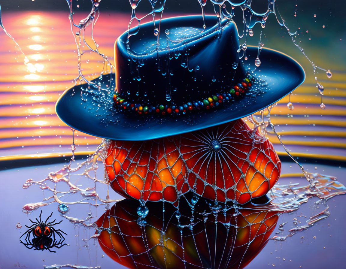 Colorful Painting of Blue Hat on Reflective Surface with Spider Motif