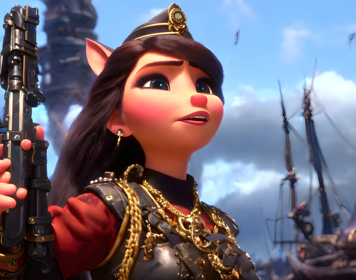 Animated female character in captain's uniform with telescope, ship and tower in background
