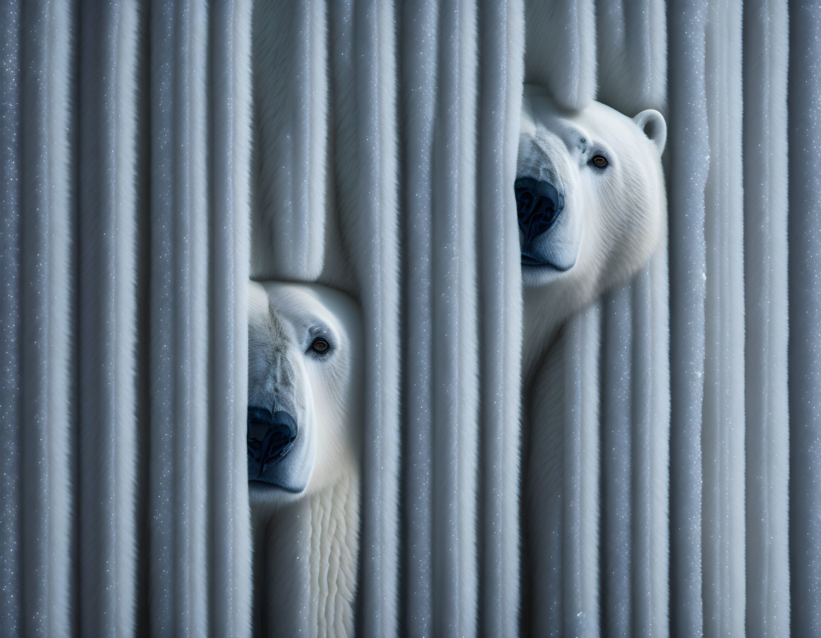 Polar bears peek through white bars on blue background