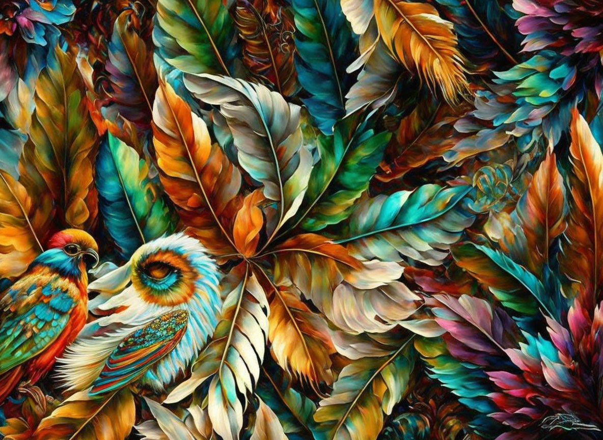 Vibrant painting of stylized birds in colorful foliage