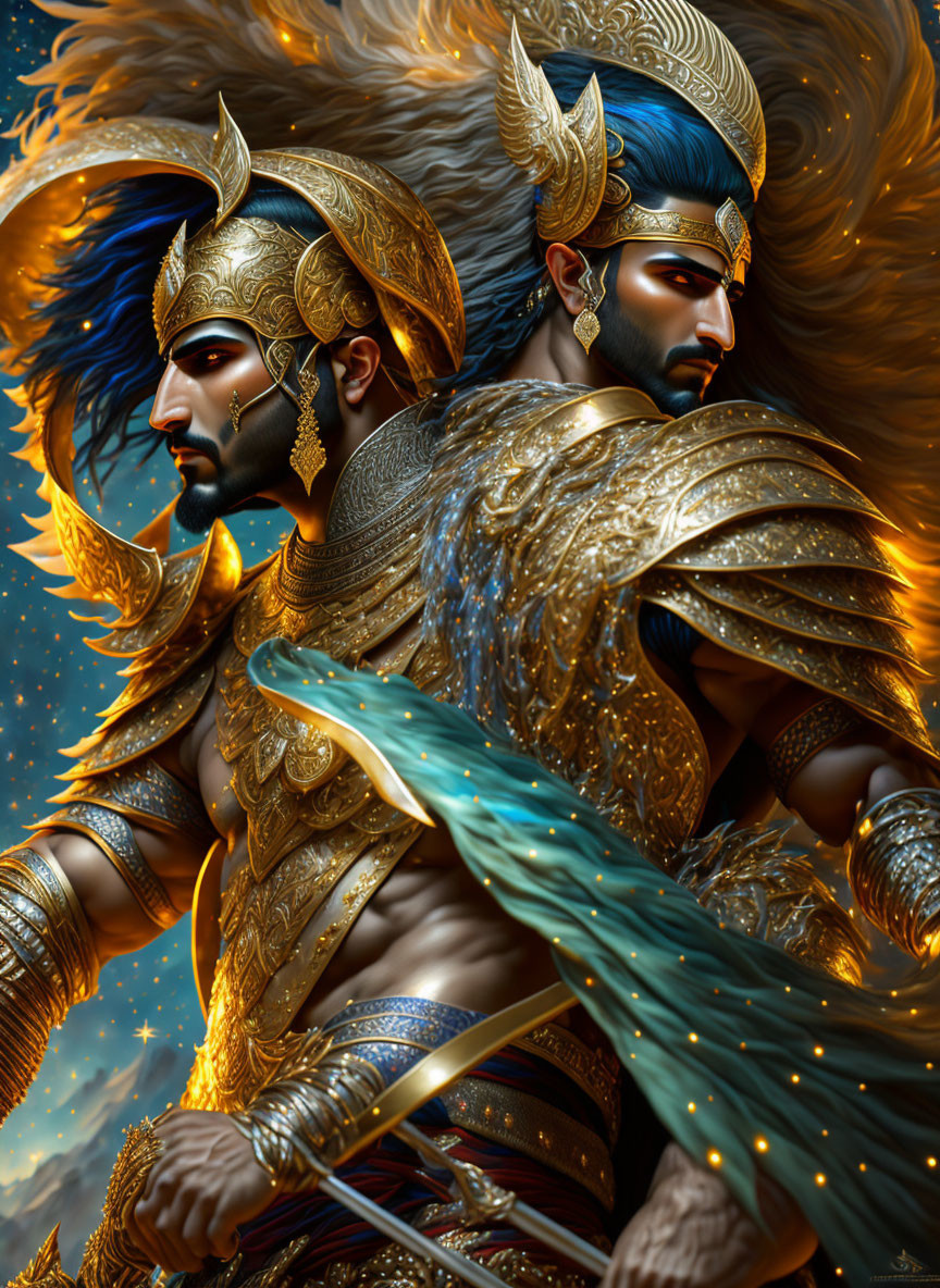 Two warriors in golden armor with blue feathers against fiery sky