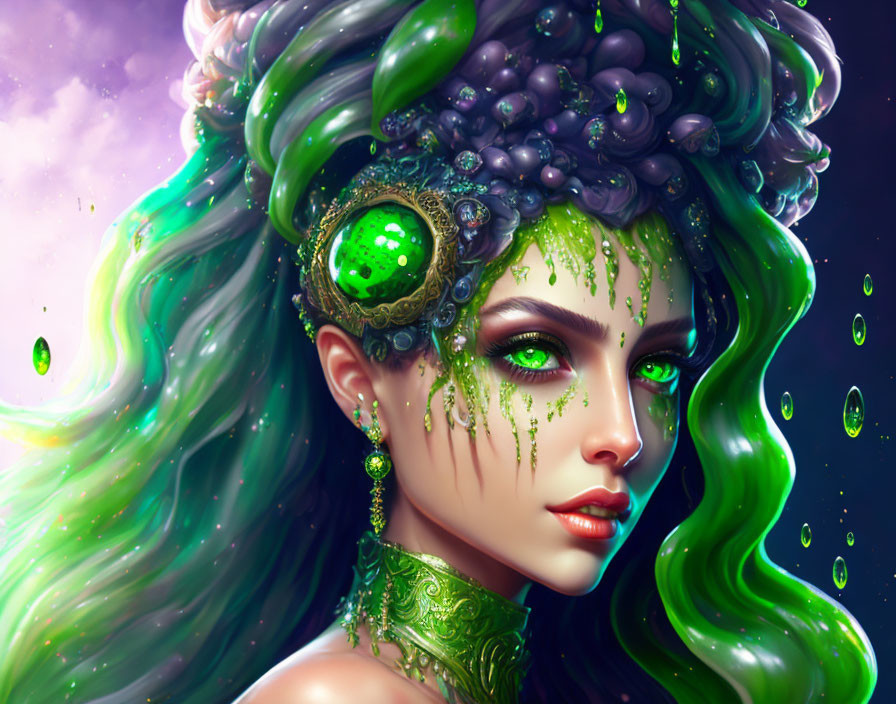 Portrait of woman with green flowing hair, grape adornments, ornate jewelry.