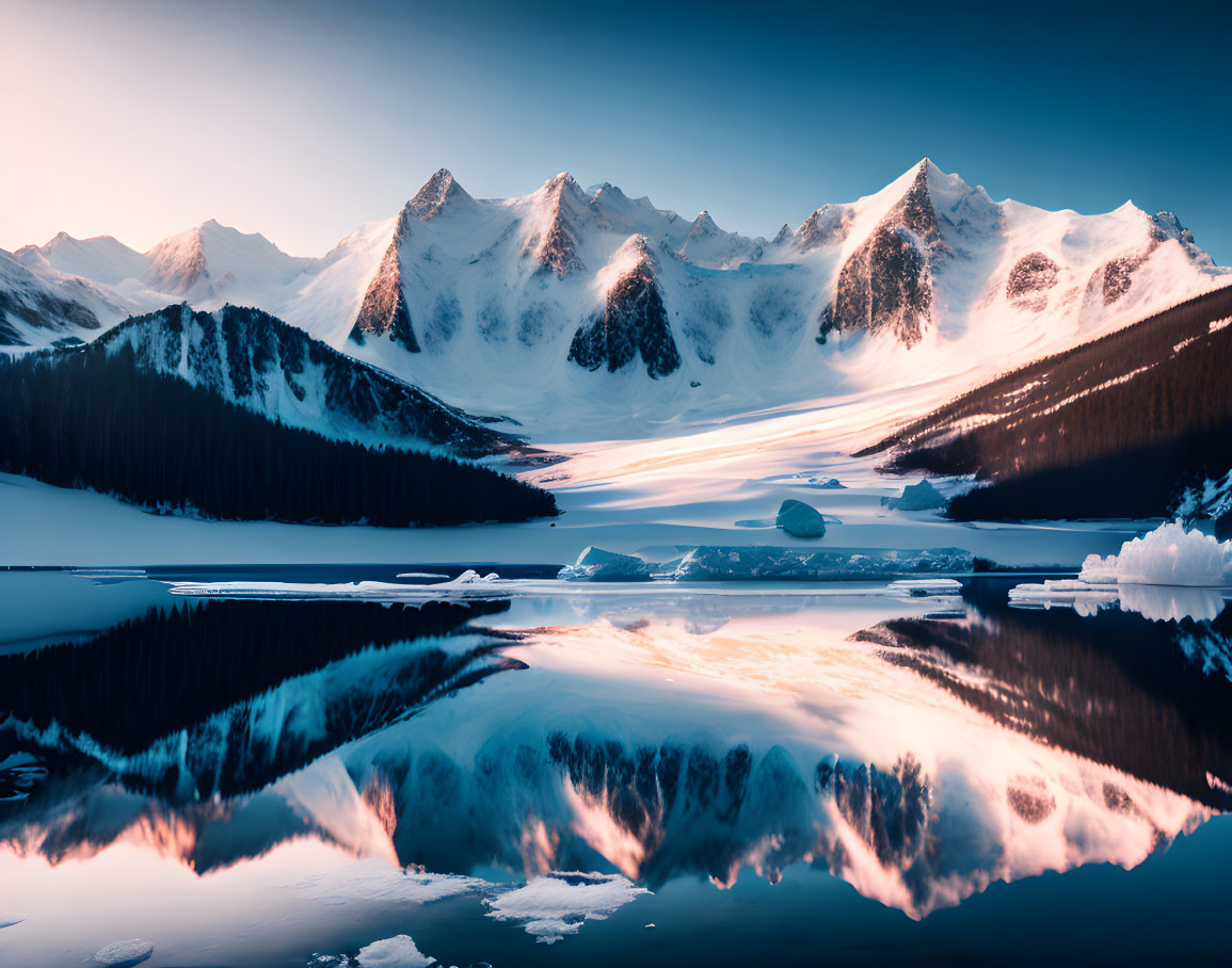 Snowy Peaks Reflecting in Still Lake at Sunrise or Sunset