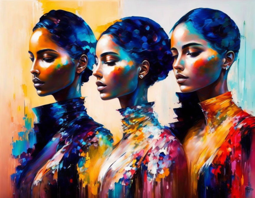 Vibrant portraits of women with colorful brush strokes and abstract profiles