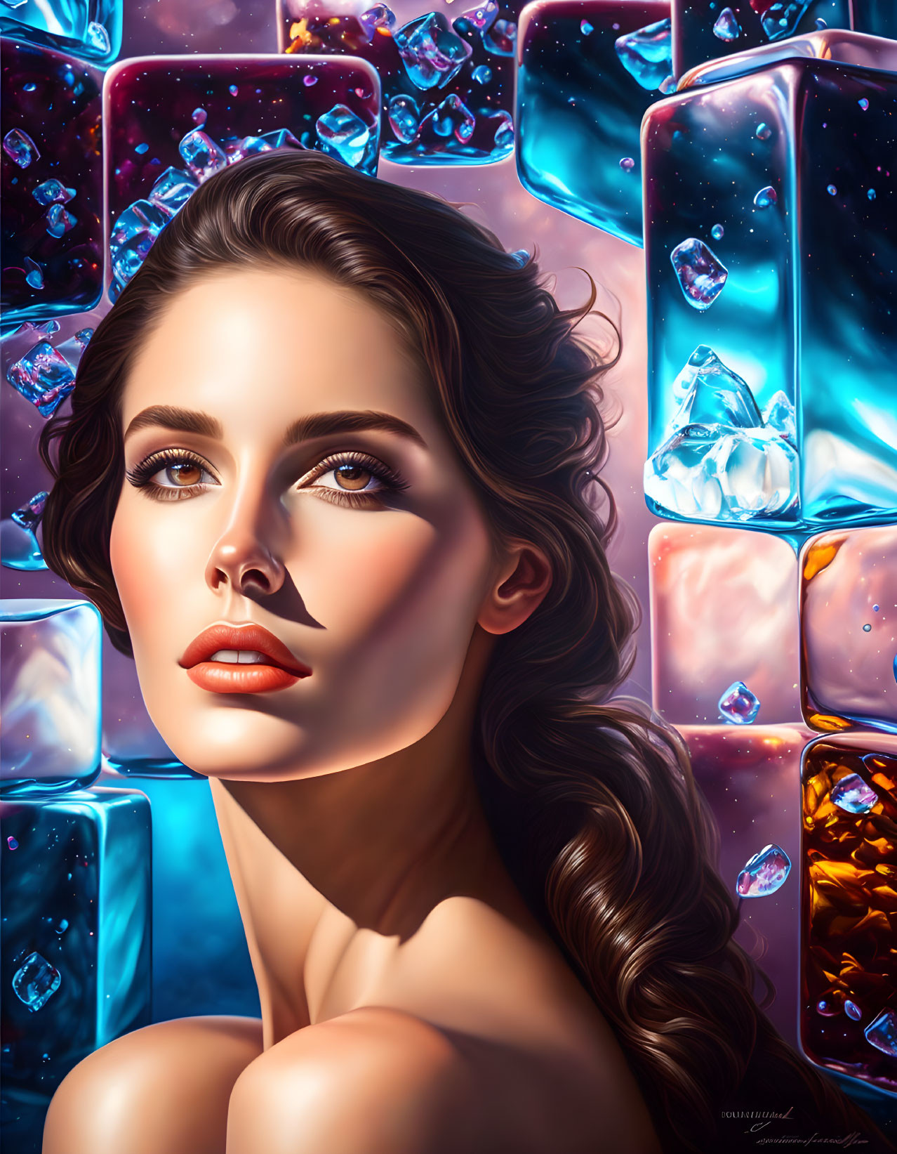 Vibrant digital portrait of a woman with colorful ice cubes and bubbles