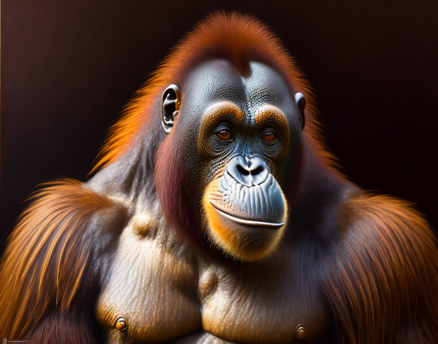 Close-up Portrait of Thoughtful Orangutan with Orange-Brown Fur