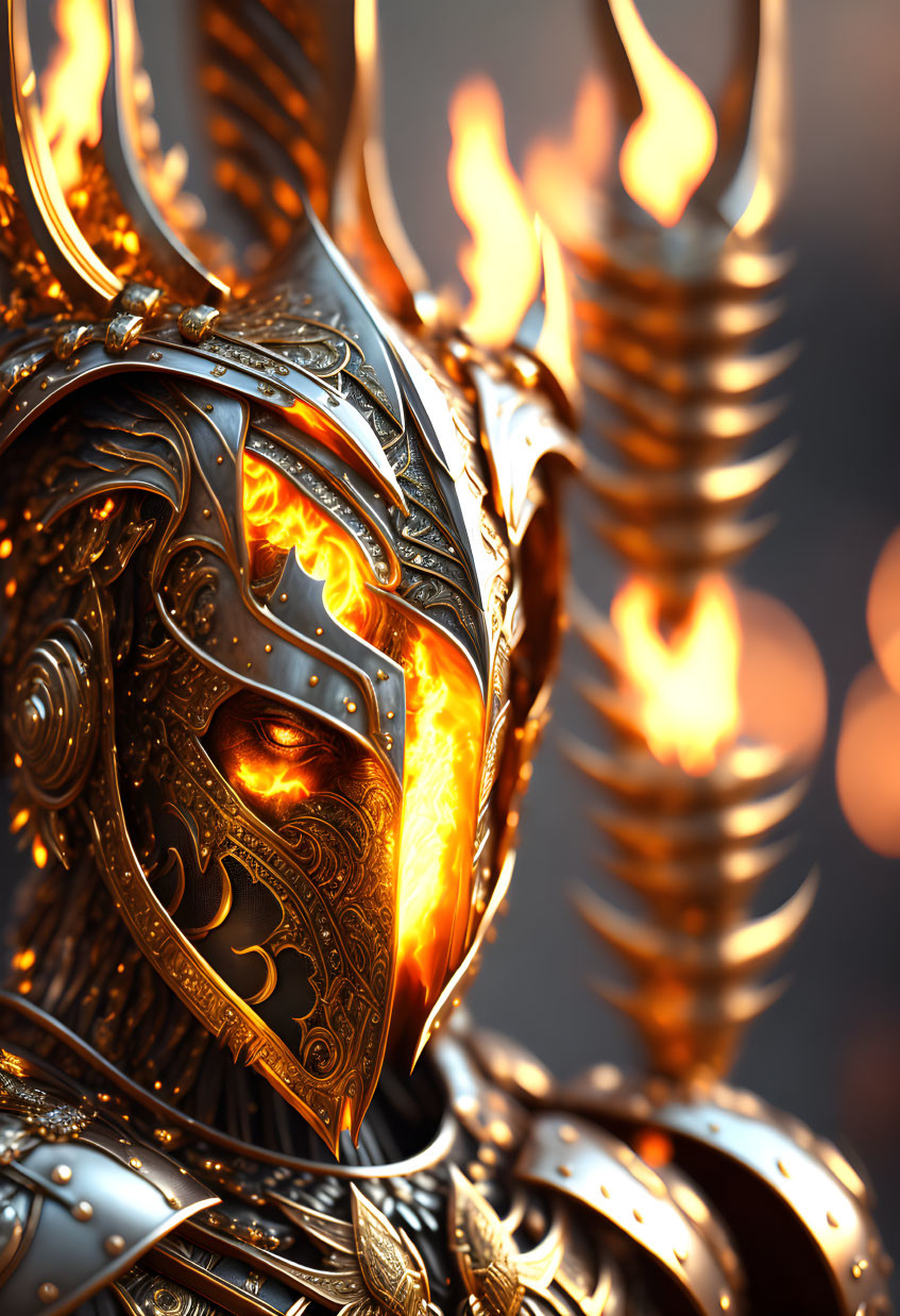 Detailed Golden Knight's Armor with Intricate Engravings and Blazing Fire