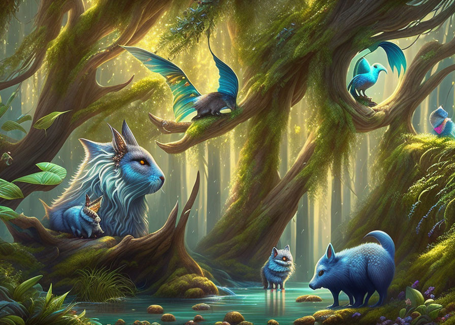 Blue Fox-like Creatures with Feathers and Wings in Enchanted Forest